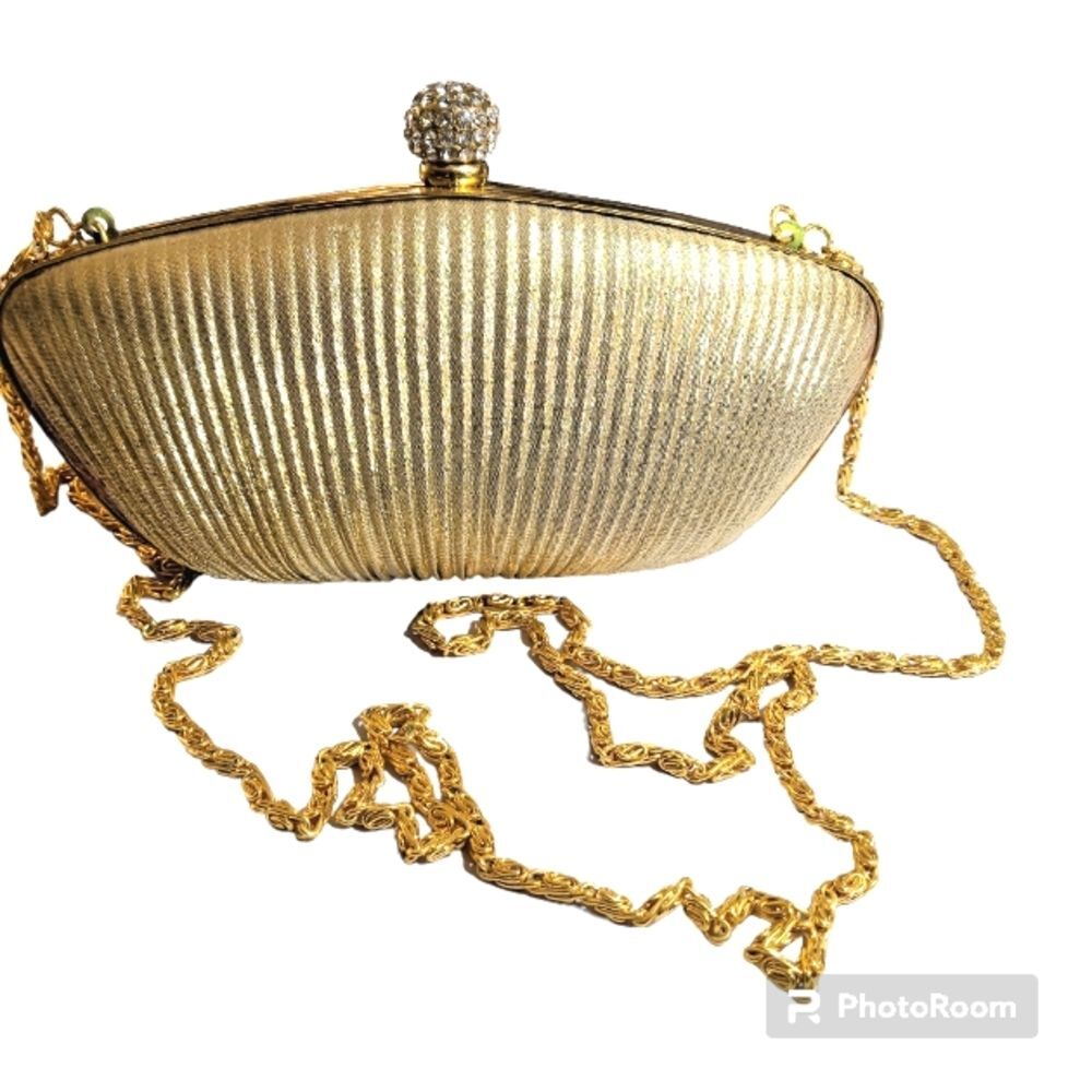 Nicole Lee Collection Gold Ruched Hardbody Clutch Evening Bag with Chain…